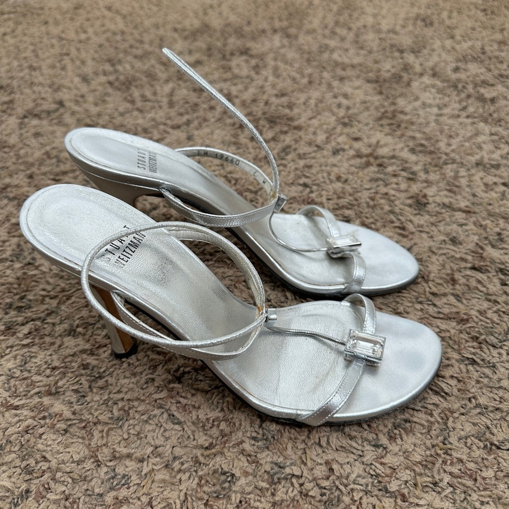 Stuart Weitzman Silver Supple Metallic Crystal‎ Strappy Sandals Heels 6M READ